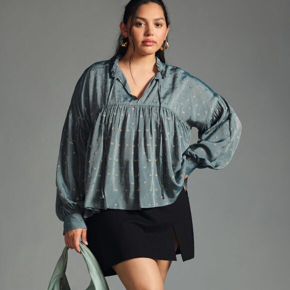 By Anthropologie Ruffled Peasant Blouse Gold and Slate Blue Blouse Size S - Picture 7 of 7